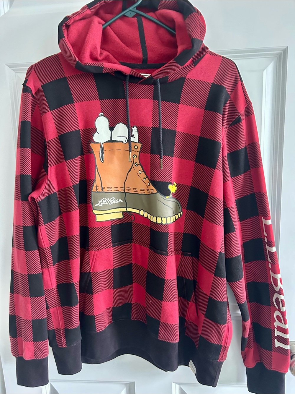 L.L. Bean/Peanuts Men's Red and Black Buffalo Plaid Hoodie with Boot Graphic